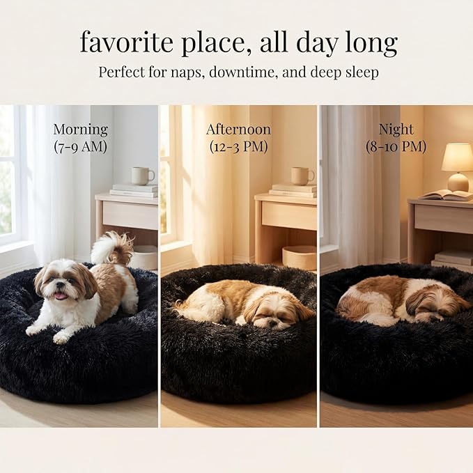 Calming Donut Dogs Beds for Small Dogs Washable,23inch Plush Round Pet Bed for Cozy Sleep,Fluffy Faux Fur Large Cat Bed,Fits up to 25 lbs Pets,Black