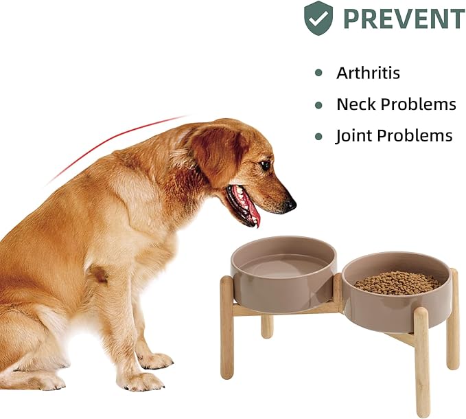 Havniva Ceramic 8.2inch Raised Dog Bowl with Stand for Large- Breed Dogs, Pet Food and Water Feeder (Double Bowl with Stand - Brown Coffee)