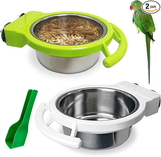 BNOSDM 2 PCS Bird Feeding Dish Cups with Perch Stand Hanging Stainless Steel Bird Bowls Food Container Food and Water Bowls with Spoon for Budgie Cockatoo Finch Lovebirds Pigeons (Green&White)
