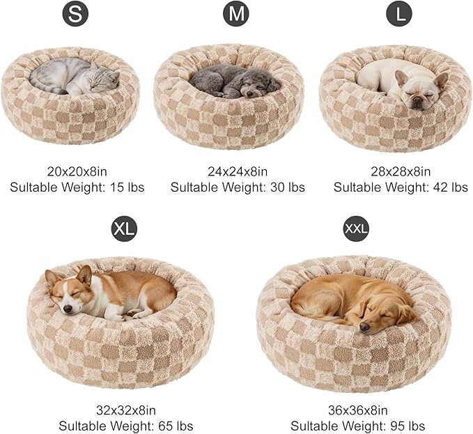 Dog Calming Beds for Small Medium Large Dogs - Round Donut Washable Puppy Dog Bed, Anti-Slip Faux Fur Fluffy Donut Cuddle Anxiety Cat Pet Bed (28" Grid)