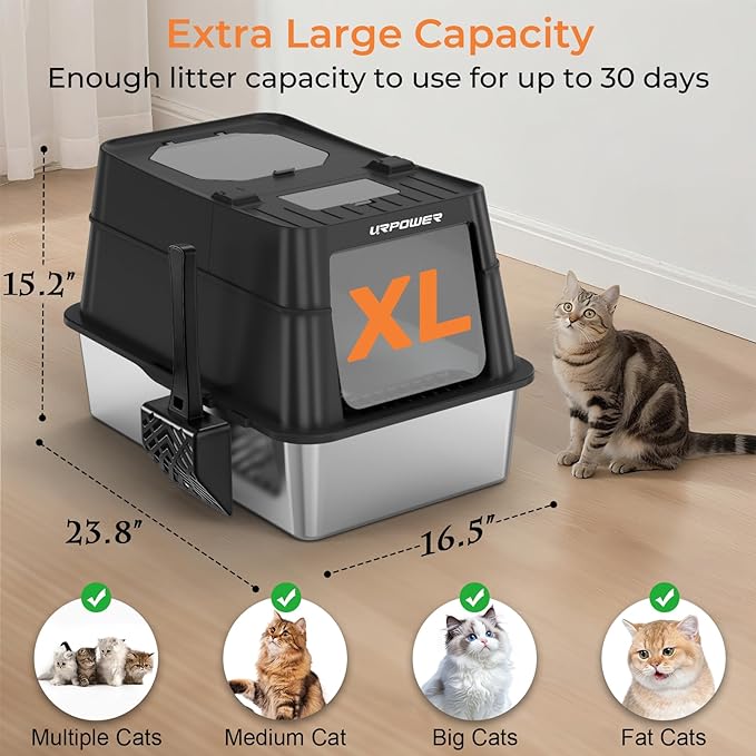 URPOWER Stainless Steel Cat Litter Box with Flip-Top Lid Extra Large Enclosed Litter Box Non-Sticky Metal Pan with High Sided & Scoop, Odor Free, Front & Top Entry, Anti-Leakage, Easy Cleaning