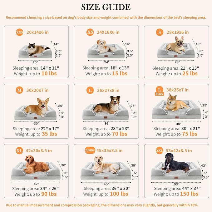 Comfort Expression Orthopedic Dog Bed for Large Dogs 36x27 Inch, Waterproof Egg Crate Foam Large Pet Bed with Removable Bolsters, Dog Couch with Washable Cover & Non-Slip Bottom, Grey White