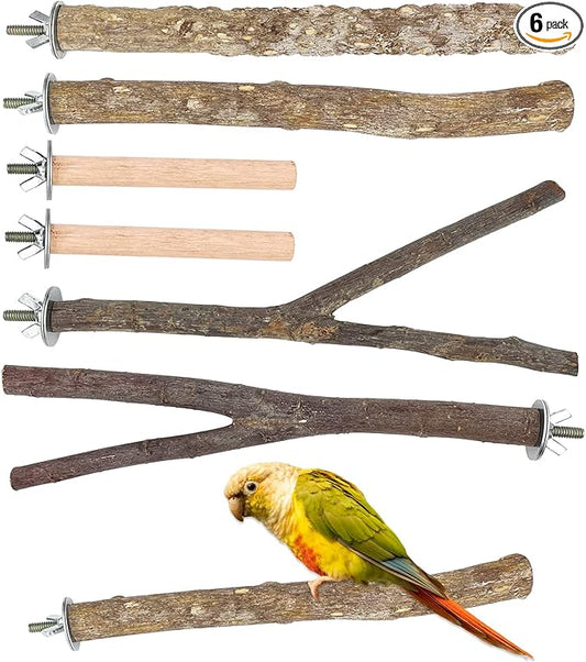 6 PCS Natural Wood Bird Perches Set, Parrot Stand Fork Toys, Hanging Multi-Branch Perch Bird Cage Accessories for Small Parakeets, Conures, Cockatiels, Budgies, Finches, 3 Types