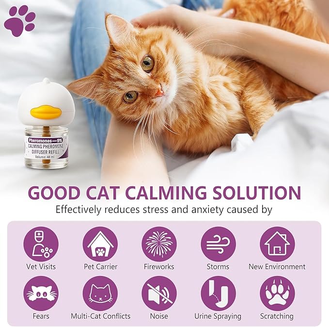 Cat Pheromones Calming Diffuser, Cat Calming Plug In Pheromone Diffuser Starter Kit with 2 Diffusers + 4 Refills - Relieve Anxiety, 120 Days Starter Kit Long-Lasting Stress Relief for Cats (Purple)