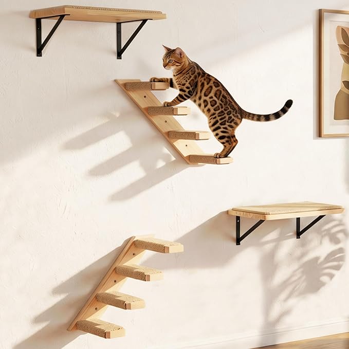 Cat Wall Shelves Stairs Cat Wall Furniture Mounted, 2PCS Shelves & 2PCS 4 Steps Climbing Shelf Scratching Perches for Sleeping, Playing, Climbing