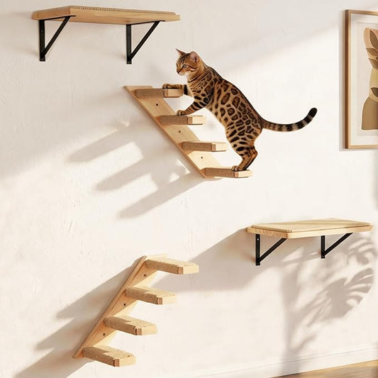 Cat Wall Shelves Stairs Cat Wall Furniture Mounted, 2PCS Shelves & 2PCS 4 Steps Climbing Shelf Scratching Perches for Sleeping, Playing, Climbing