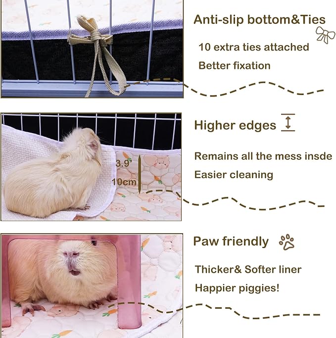 Washable Guinea Pig Cage Liners with High Sides, 24’’×48’’ Reusable Fleece Pee Pads for Guinea Pigs Cages, Rabbits, Bunny, Waterproof & Super Abosorbent Liner Mat for Dog, Ferret, Chinchilla