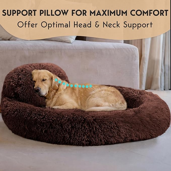 PetJett XL Dog Beds for Large Sized Dog - 45'' Extra Large Dog Bed, Anti-Slip & Washable Super Soft Round Donut Bed, Fluffy Faux Fur Anti-Anxiety Premium Comfort Pet Bed, Fits Dogs up to 120 lbs