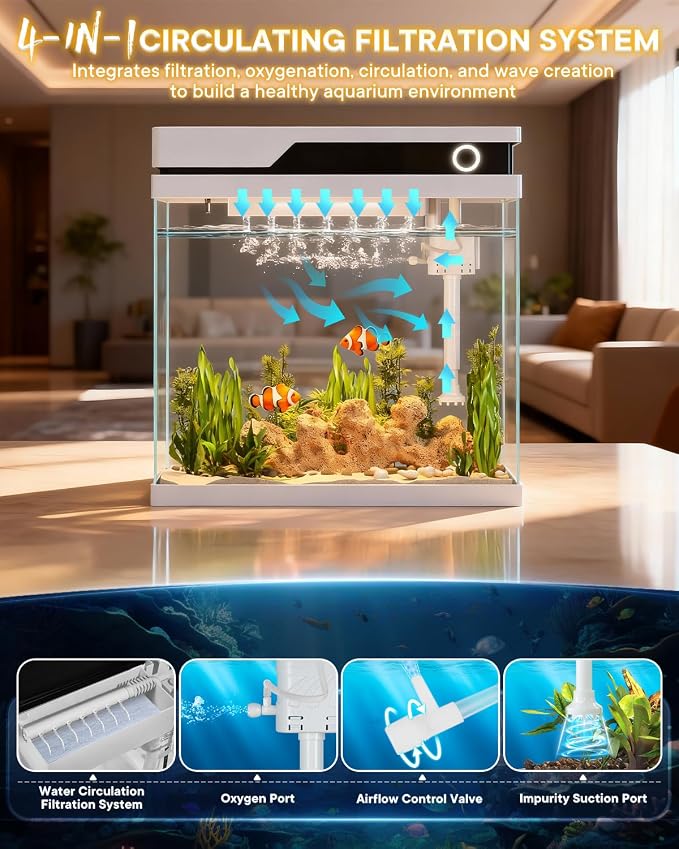 Vehipa Fish Tank, Smart Fish Aquarium Kit 4.2 Gallon | with Auto Feeder, 4-in-1 Silent Pump, Adjustable Lighting, Temperature Display & Humidifier for Desktop, Office, Room