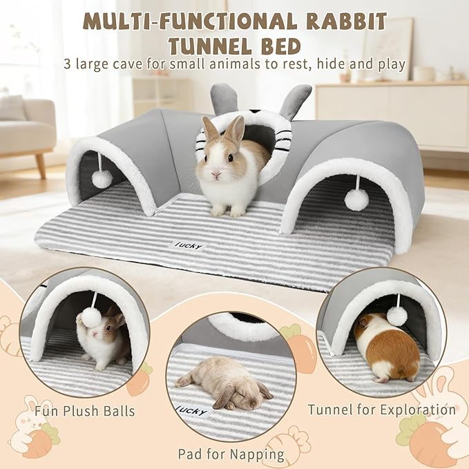YUEPET 3-Way Bunny Tunnel Bed, Removable & Washable Rabbit Tunnels,Bunny Play Tunnel with Cozy Bed for Indoor Medium Small Rabbits Adult Guinea Pigs Hamsters, Cage Accessories for Small Pets (Grey)