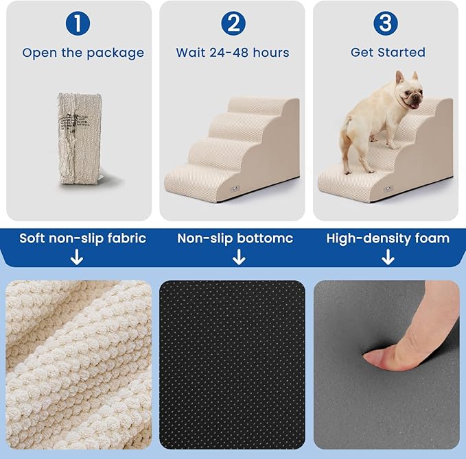 Airpanda Dog Steps for Bed, 4 Step Pet Stairs for Small and Medium Dogs, Non-Slip Dog Ramp with Washable Cover, High-Density Support Foam for Easy Climbing,Beige