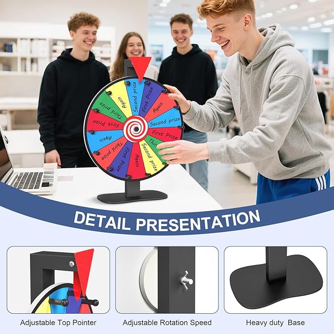 12 Inch Prize Wheel, 14 Slots Spinning Wheel for Prizes, Heavy Duty Base Spinner for Explosive Classroom, Birthday Moments, Parties
