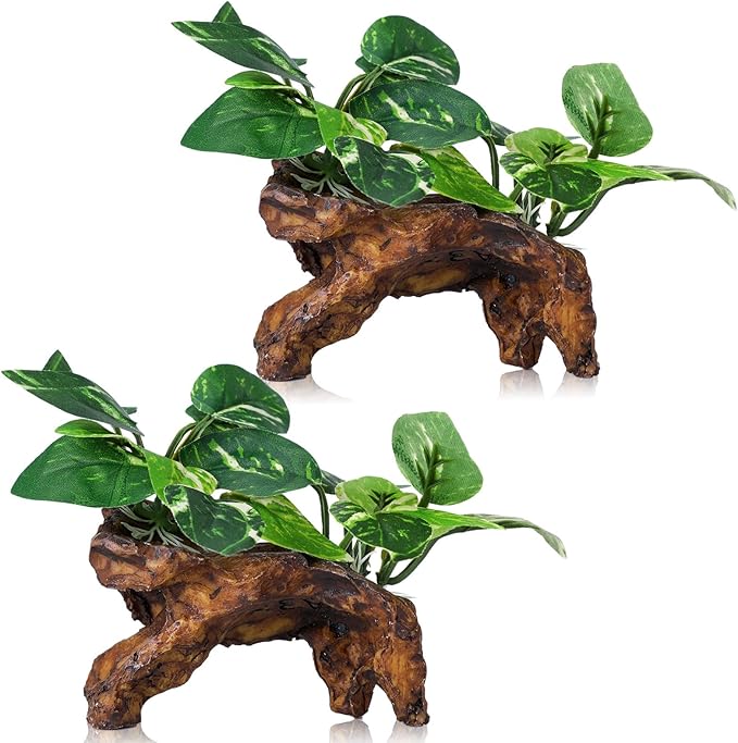 2 Pack Artificial Aquarium Ornaments Silk Leaf Betta Fish Tank Decoration Driftwood Cave Decor for Reptiles Plants Driftwood Accessories