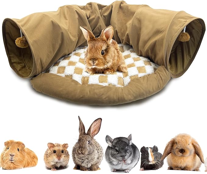 PINVNBY Bunny Tunnel Bed 2-in-1 Removable and Cozy Large Guinea Pig Hideout Tunnel Washable Small Animal Tunnels Tube Toys Guinea Pig Accessories for Rabbit Chinchilla Hedgehog Ferret (Khaki)