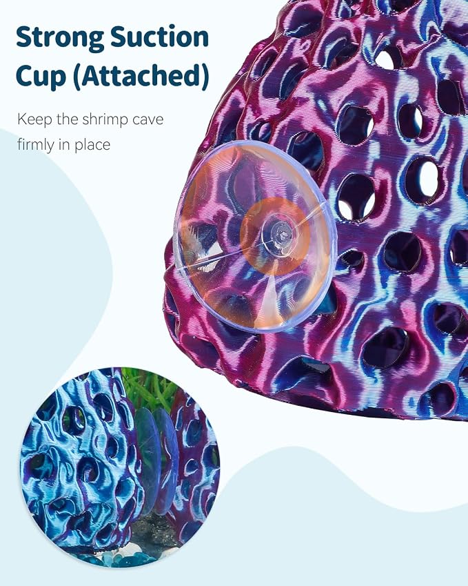Uniclife Shrimp Hides for Aquariums, Realistic Plastic Aquarium Coral Rock Decorations with Suction Cups, Blue-Violet