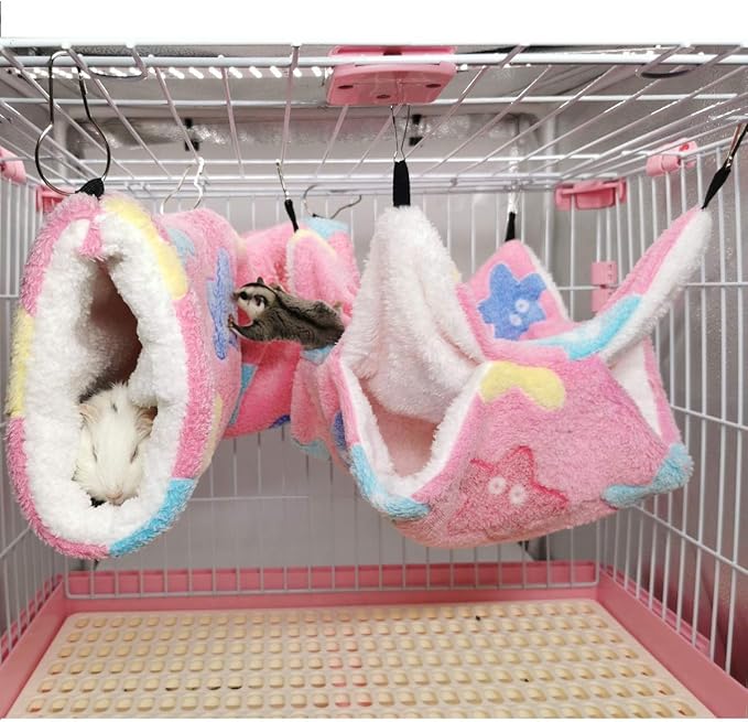 LEFTSTARER Guinea Pig Accessories Sugar Glider Cage Accessories Hamster Rat Toys Ferret Hammock Hanging Tunnel for Small Animals （Pink-Star）