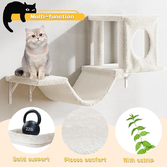 NUNU LAB Wall Mounted Cat Furniture Set - 6 Pcs Climber Set with House, Bridge, Steps, Scratcher Board - DIY Walls Playground, Indoor Cat Shelves - White