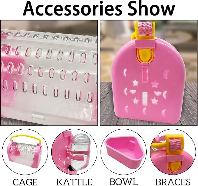 kathson Hamster Cage Travel Carrier Portable Cage with Water Bottle Outgoing Cage and Adjustable Strap Pet Cage for Small Pet Hedgehog Sugar Glider Squirrel Mice（Pink）