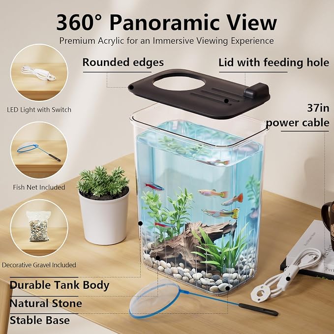 1 Gallon Betta Fish Tank Aquarium Starter Kit with Light and Lid(Black) | Premium Acrylic Aquarium with Light and Lid, Crystal Clear Starter Kit for Betta Fish, Shrimp, Snails and Small Fish