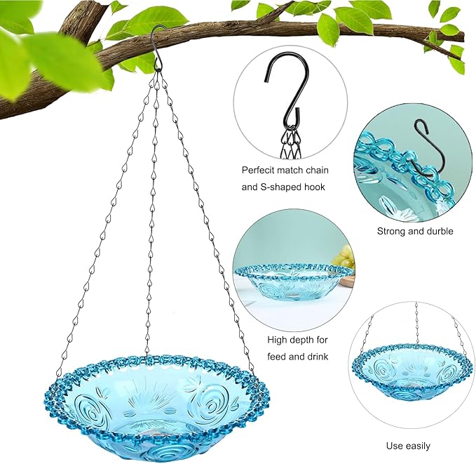 2 Pack Hanging Bird Bath for Outdoors, Multi-Functional Bird Feeder & Water Station, Plastic Bird Bath Bowl with Chain Hook for Garden Yard Patio