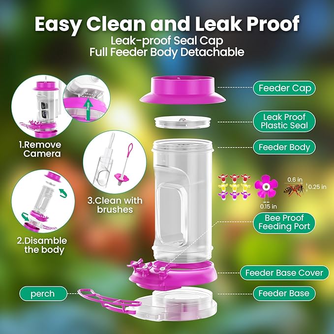 Soliom Hummingbird Feeder with Camera, Smart Feeder Camera with 2K Live View AI Identify, Leak Proof&Ant Moat&Bee Proof, Outdoor Pole/Hook Hanging, Ideal Gift for Family, 16 OZ Pink