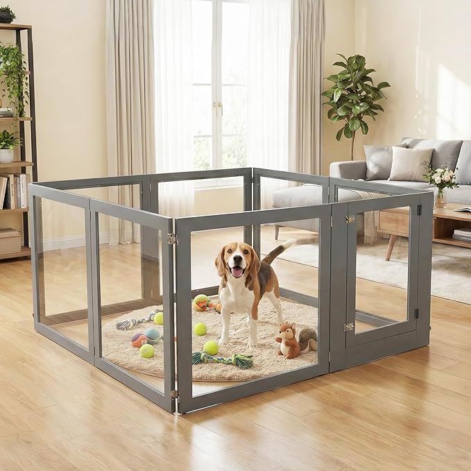 Heavy Duty Clear Acrylic Dog Playpen for Small/Medium Pets – 32" High Clear Pet Pen with Sturdy Metal Frame, Walk-in Kennel, Expandable Indoor & Outdoor Pet Play Yard (Grey, 8 Panels Including Door)