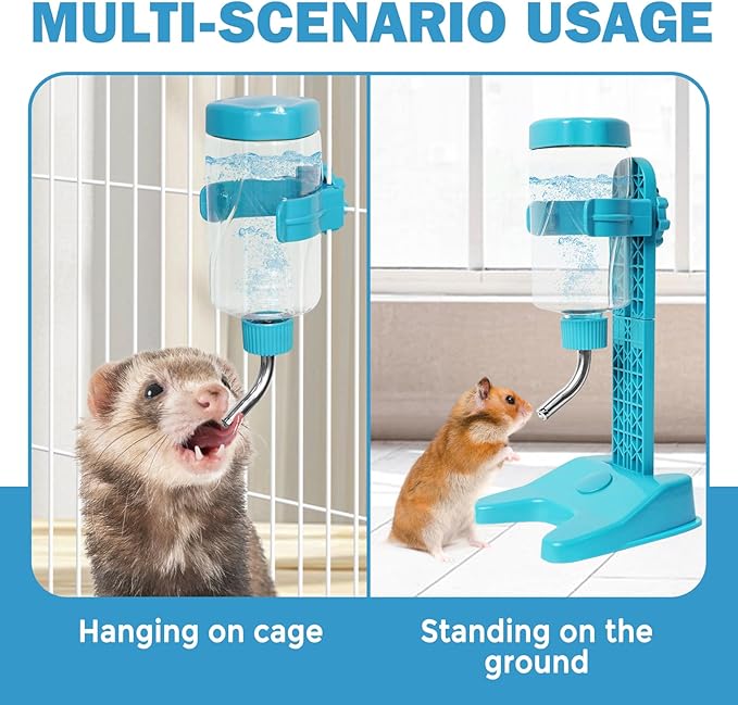VANNON Pet Standing Water Dispenser Top Fill Dog Water Bottle Dispenser with Stand Leakproof Pet Slow Water Bottle for Small Animals, 13oz, BPA Free, Adjustable Height, Blue