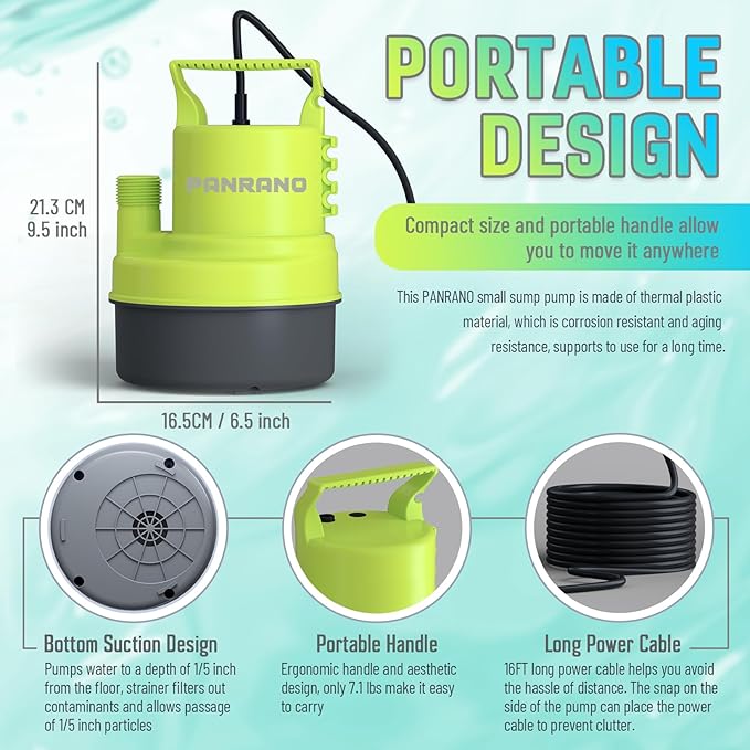 1/3 HP Submersible Water Pump 2000 GPH Portable Small Sump Pump For Pool Cover, Basements, Puddles, Gardens Ponds With 16.4 Ft Power Cord and Hose Adapters, Yellow