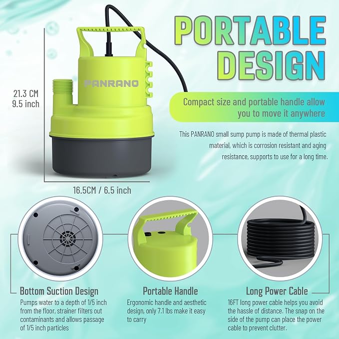 1/3 HP Submersible Water Pump 2000 GPH Portable Small Sump Pump For Pool Cover, Basements, Puddles, Gardens Ponds With 16.4 Ft Power Cord and Hose Adapters, Lemon Yellow