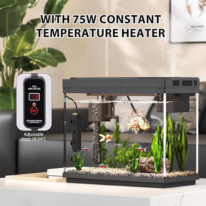 Vehipa 2.4 Gallon Fish Tank Aquarium Starter Kit | with Heater, Heater, 7-Color Light, 3-in-1 Quiet Pump for Betta, Guppy