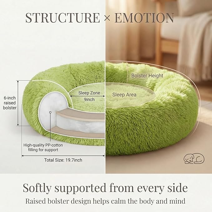 Calming Donut Dogs Beds for Small Dogs Washable,19inch Fluffy Round Puppy Bed for Puppies,Cats & Toy Breeds with Raised Rim,Fits up to 15 lbs Pets,Green