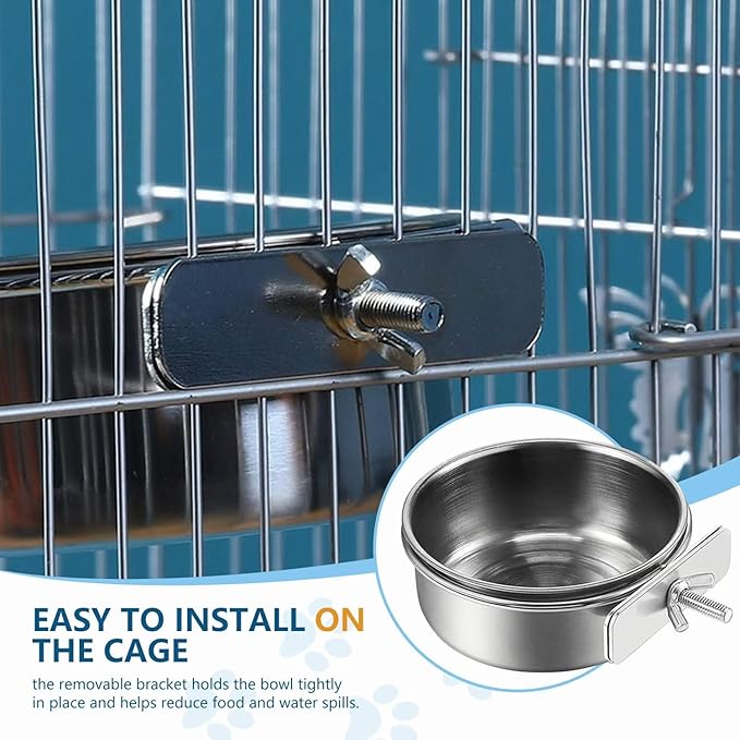 Stainless Steel Bird Feeding Bowls, 2Pcs Small Bird Feeding Cup with Holder, Parrot Food Bowl Cage Water Feeder, Pet Cage Cup Holder for Parrots, Canaries, Hamsters (Dia 7.09", 6.3")