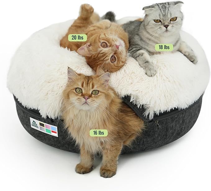CATTASAURUS Peekaboo Cat Cave for Multiple & Large Cats Up to 30-45 Lbs, Fluffy Cat Beds for Indoor Cats, Scratch Detachable & Washable Tunnel Bed, Comfy Donut Cave (Dark Gray, Large (Calming))