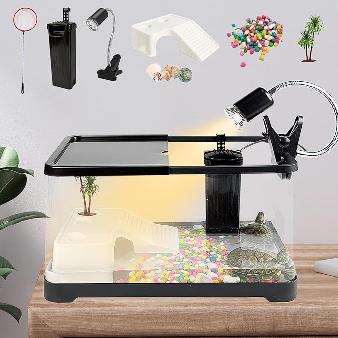 Turtle Tank Starter Kit, Upgraded Aquarium Fish Tank Kit with Filter,Fish Net, Reptile Habitat with Adjustable UV Lamp & Lid,Bask Platform for Crabs,Amphibians,Reptiles.(15.4" * 8.5" * 8.35")