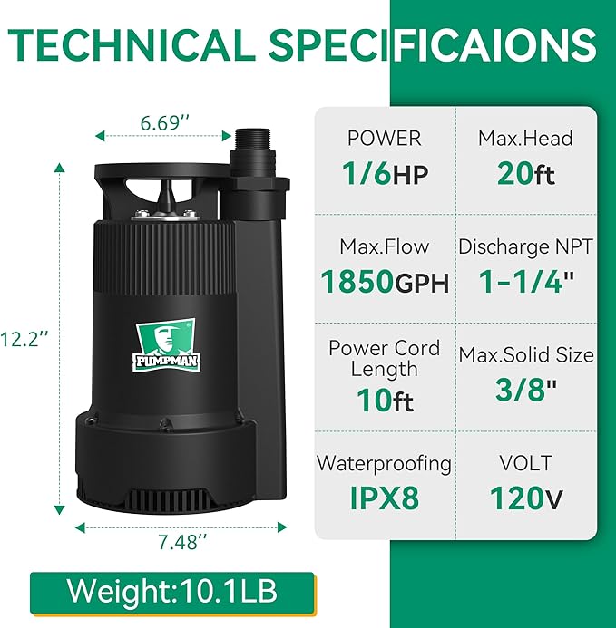 PUMPMAN 1/6HP Utility Pump, 1850 GPH Submersible Water Pump with Handle, Thermoplastic Portable Well Pump IPX8 Waterproof for Pools, Basements, Car Washing, Garden