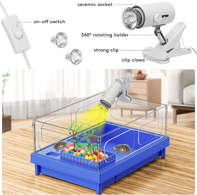 Small Turtle Tank Kit with Light and Filter for Baby Turtles | Blue Clear-Panel Habitat, with Basking Platform, Easy-Clean Starter Aquarium with Bottom Drain
