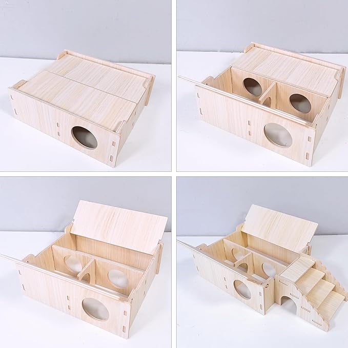 Wooden Hamster Hideout Tunnel Multi-Chamber House Hiding Hut Maze Platform Habitats Exploring Toys for Gerbil Rat Mice