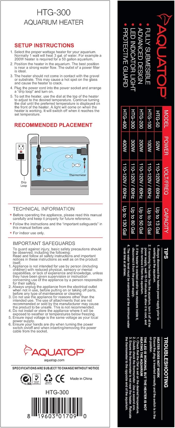 Aquatop 300W Premier Glass Heater with Protective Guard - Fully Submersible for Fish Tanks Up to 80 Gallons, 68-93F Adjustable Temperature Range, Fresh & Saltwater Use, Aquarium Heaters, HTG-300