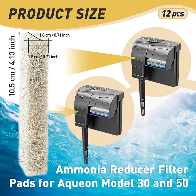 12 Count Ammonia Reducer Filter Pads for Aqueon - Replacement Filter Cartridges Small for Aqueon QuietFlow LED PRO Model 30 and 50