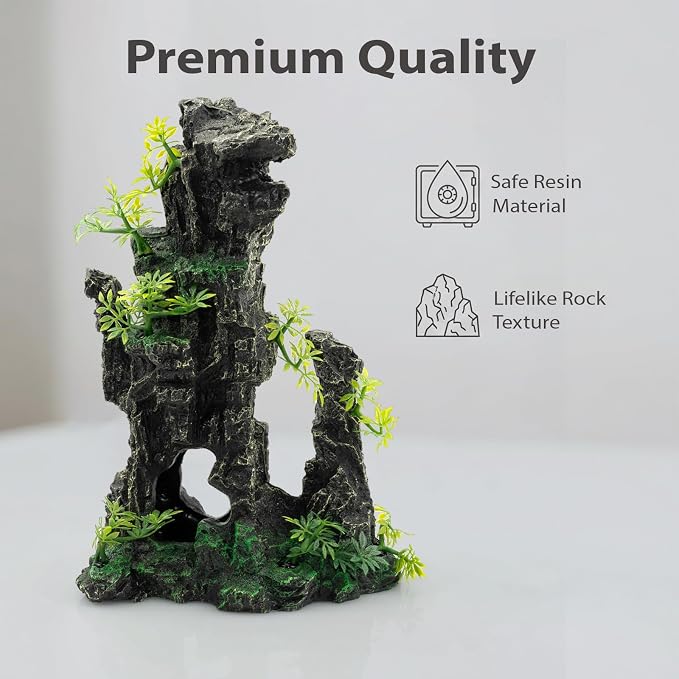 Aquarium Mountain View Stone Ornament, Large Resin Hideout Cave for Betta & Shrimp, Fish Tank Decor Rock Cave with Fish Cave and Hideouts (7.87" x 4.72" x 11.81")