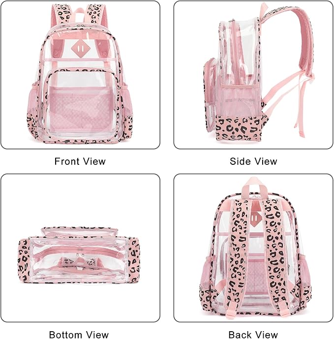 Clear Backpack for Girls Women School Bookbag Heavy Duty Transparent Backpacks (Pink Corduroy Leopard)