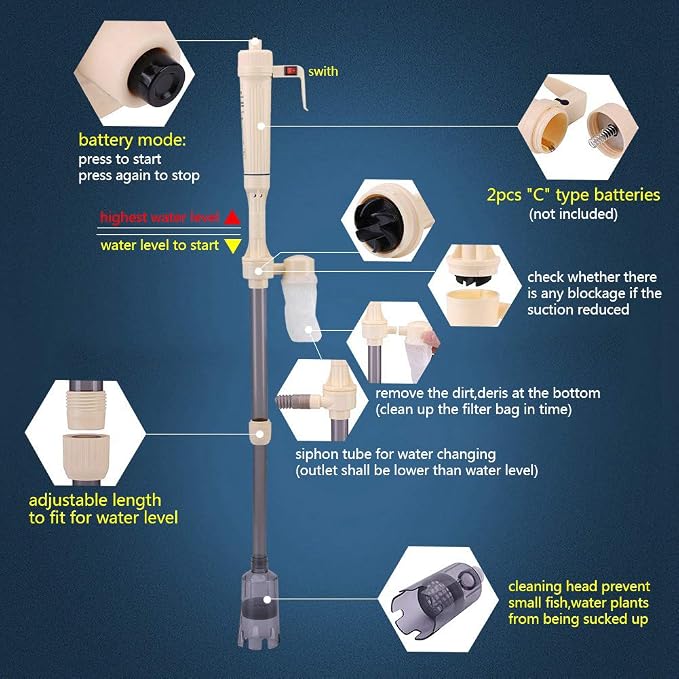 HERCHR Aquarium Gravel Vacuum Cleaner, Cordless Battery Operated, Water Changer, Clean The Gravel, Debris, Siphon Suction Vac, Cleaner for Fish Tank