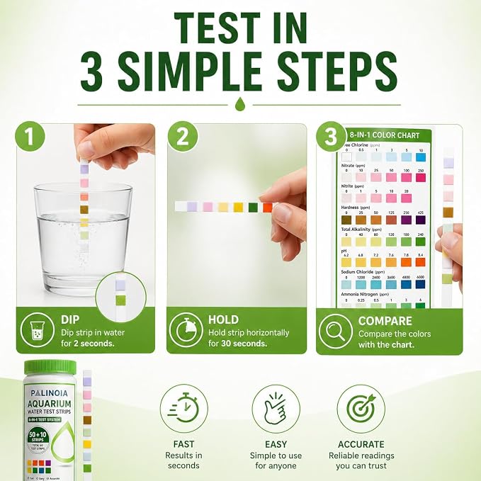8-in-1 Fish Tank Test Strips (60 Count) – Aquarium Water Testing Kit for Freshwater & Saltwater – Tests pH, Ammonia, Nitrate, Nitrite, Hardness, Alkalinity, Chlorine & Salinity