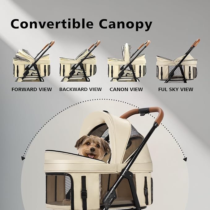 4 Wheels Pet Stroller for Small/Medium Dogs and Cats,Dog Stroller with Detachable Carrier and Storage Basket,One Click Folding,Compact Portable,Up to 50lbs,3 in1 Multifunctional(Khaki)