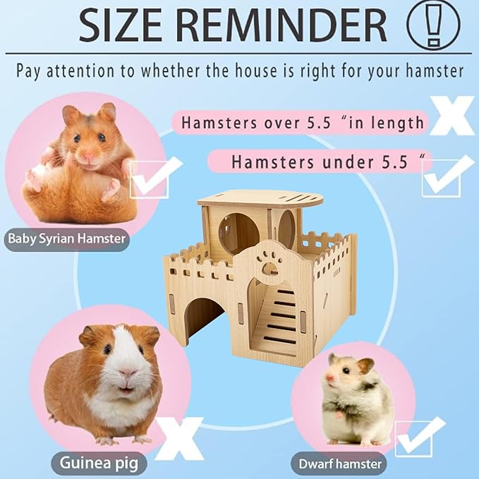 Natural Wood Hamster Habitat Hideout Cage Accessories, Maze Cabin with Fun Slide & Double-Decker House, Exercise Toys for Dwarf Hamsters, Gerbils, Mice, Other Small Animals(Only for Small Hamster D)