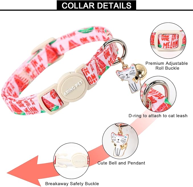 ARING PET 2 Pack Cat Collar-Cute Cotton Summer Watermelon Cat Collar with Bell & Pendant, Adjustable Summer Kitten Collars with Safety Buckle for Girl Pets