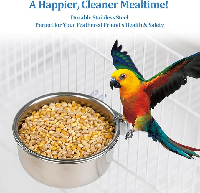 2 Pack Stainless Steel Bird Food Bowl Small Bird Feeding Dish Cups for Cage Parrot Food Bowl Cage with Clamp Holder for Parrots, Cockatiels, Small Animals (S+M)