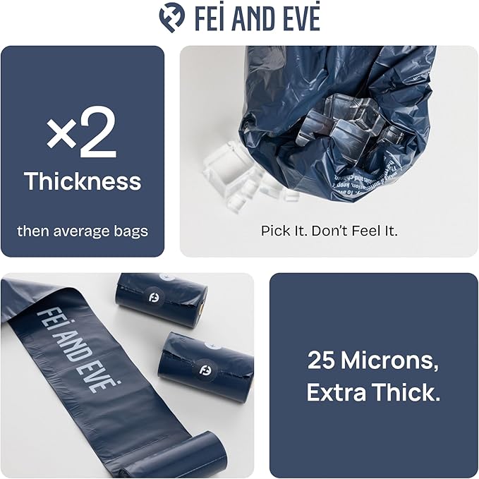 Fei & Eve Dog Poop Bags - Extra Thick 25 Micron & 100% Leak-Proof | Full Blackout & Odor-Locking | Stretch Resistant | Easy to Tear off | Waste Bags | Unscented | 8 Rolls