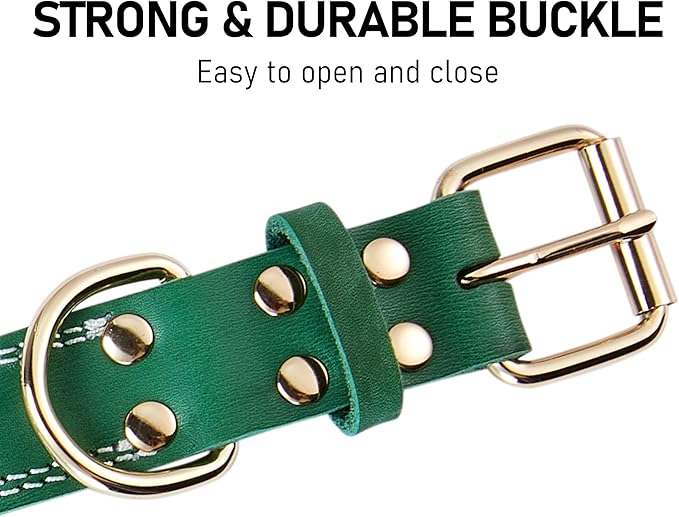 Genuine Leather Dog Collar, Heavy Duty Wide Dog Collar for Small, Medium, Large and Extra Large Dog (S: 0.8" Wide for 13.4"-15.8" Neck, Dual Stitch - Green)