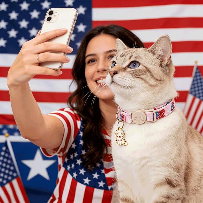 Elegant little tail Independence Cat Collar- 2 Pack Flag Print Cotton Breakaway Cat Collars with Bell Pendant Kitten Boy Girl Safety Adjustable Collar for Small Cats Puppy